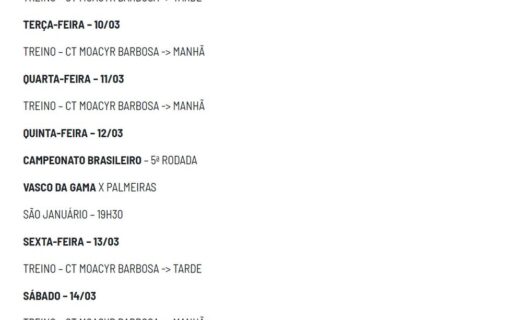 Vasco divulga programação semanal do elenco