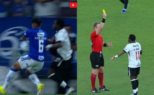 Cartão amarelo para Andrés Gómez após reclamação de toque de mão de jogador do Cruzeiro; confira imagens