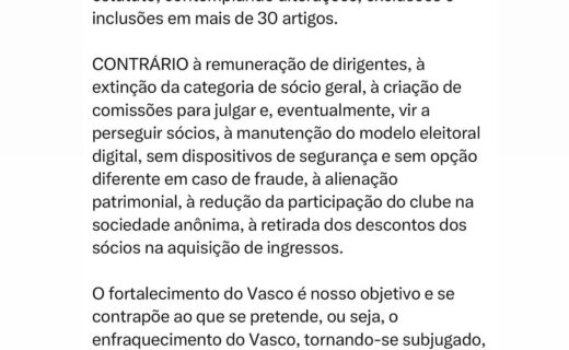 Vasco recebe nota da Casaca a respeito da proposta de reforma do estatuto