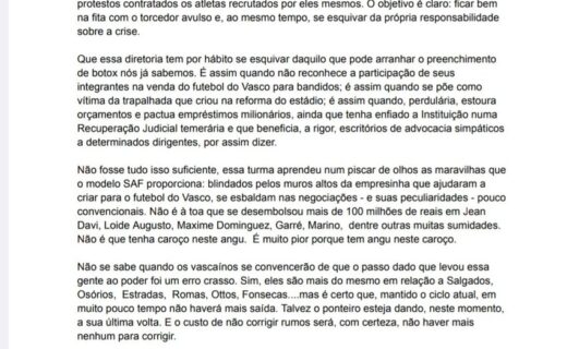 Vasco recebe nota da Fuzarca sobre sua atual situação