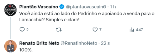 Renato Brito Neto, 2º VP geral, declara apoio total a Pedrinho e à venda da SAF para Lamacchia