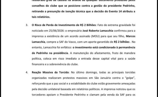 Afastamento liminar de Pedrinho da SAF do Vasco gera manifestação protocolada no processo