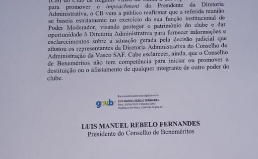 Conselho de Beneméritos do Vasco se pronuncia sobre reunião de sexta-feira e afirma não ter poder para discutir impeachment