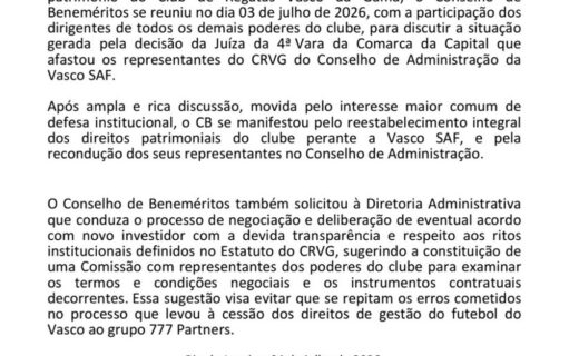 Conselho de Beneméritos divulga comunicado após encontro com Pedrinho