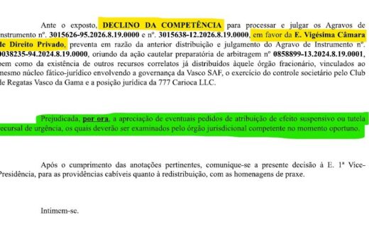 Recurso do Vasco é encaminhado à 20ª Câmara de Direito Privado por desembargador