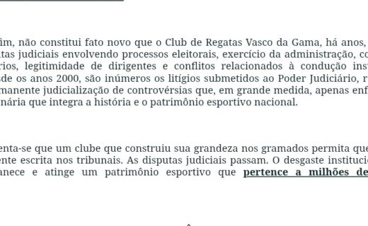 Desembargador critica Vasco por permitir que sua trajetória seja constantemente definida nas cortes jurídicas