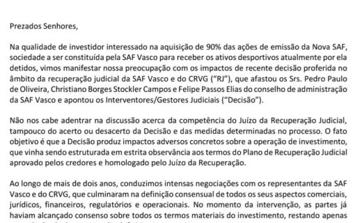 Vasco formaliza na Justiça compromisso de compra de 90% da Vasco SAF com carta de Marcos Lamacchia
