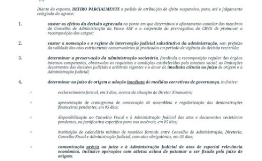 Movimentação processual no agravo do Vasco; detalhes a seguir