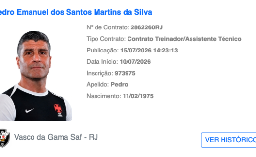 Técnico Pedro Emanuel é registrado no BID e comandará o Vasco contra o Vitória nesta 5ª-feira