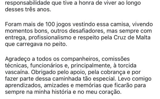 Hugo Moura anuncia saída do Vasco e destaca: ‘Clube gigante’