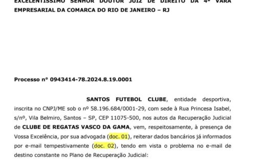 Santos protocoliza petição de habilitação na recuperação judicial do Vasco