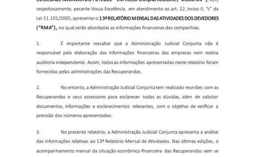 Vasco inclui relatório mensal de atividades nos autos da recuperação judicial