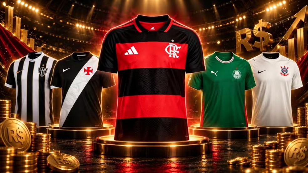 Flamengo, Palmeiras, Corinthians, Vasco e Atlético-MG tem algumas das camisas mais caras do futebol brasileiro — Foto: Reprodução/Gemini
