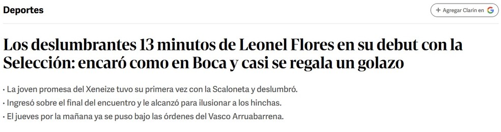 Atuação de Flores é destaque no Clarín: 'Deslumbrantes 13 minutos em estreia' — Foto: Reprodução