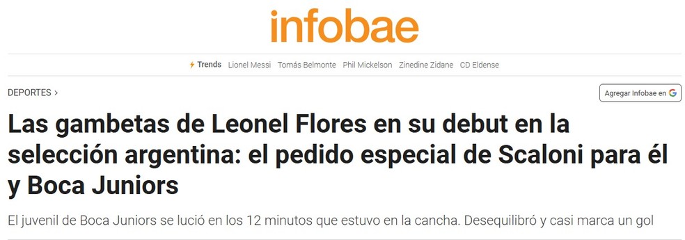 Infobae destaca dribles dados por Flores contra a Bolívia — Foto: Reprodução