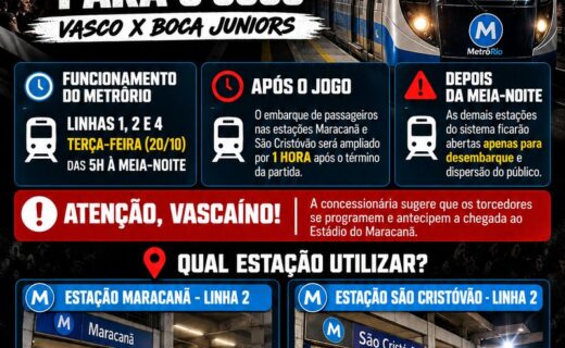MetrôRio terá funcionamento especial para Vasco x Boca Juniors na semifinal da Sul-Americana nesta terça-feira